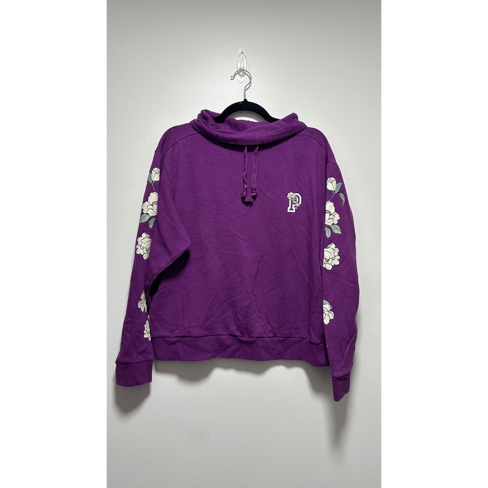 Victoria's Secret PINK Purple Floral Sleeve Cowl Neck Hoodie Sweatshirt Large